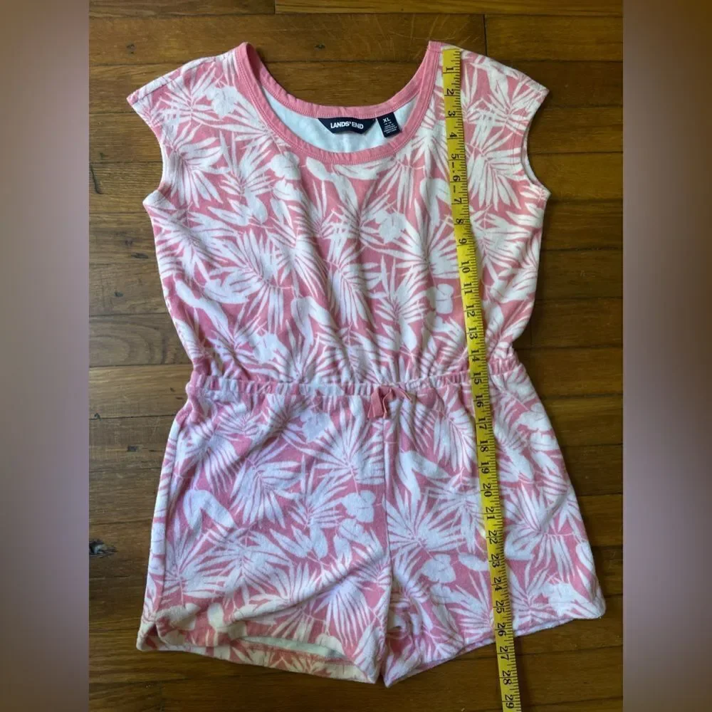 LANDS END Girls XL 14-16 pink and white terry cloth romper